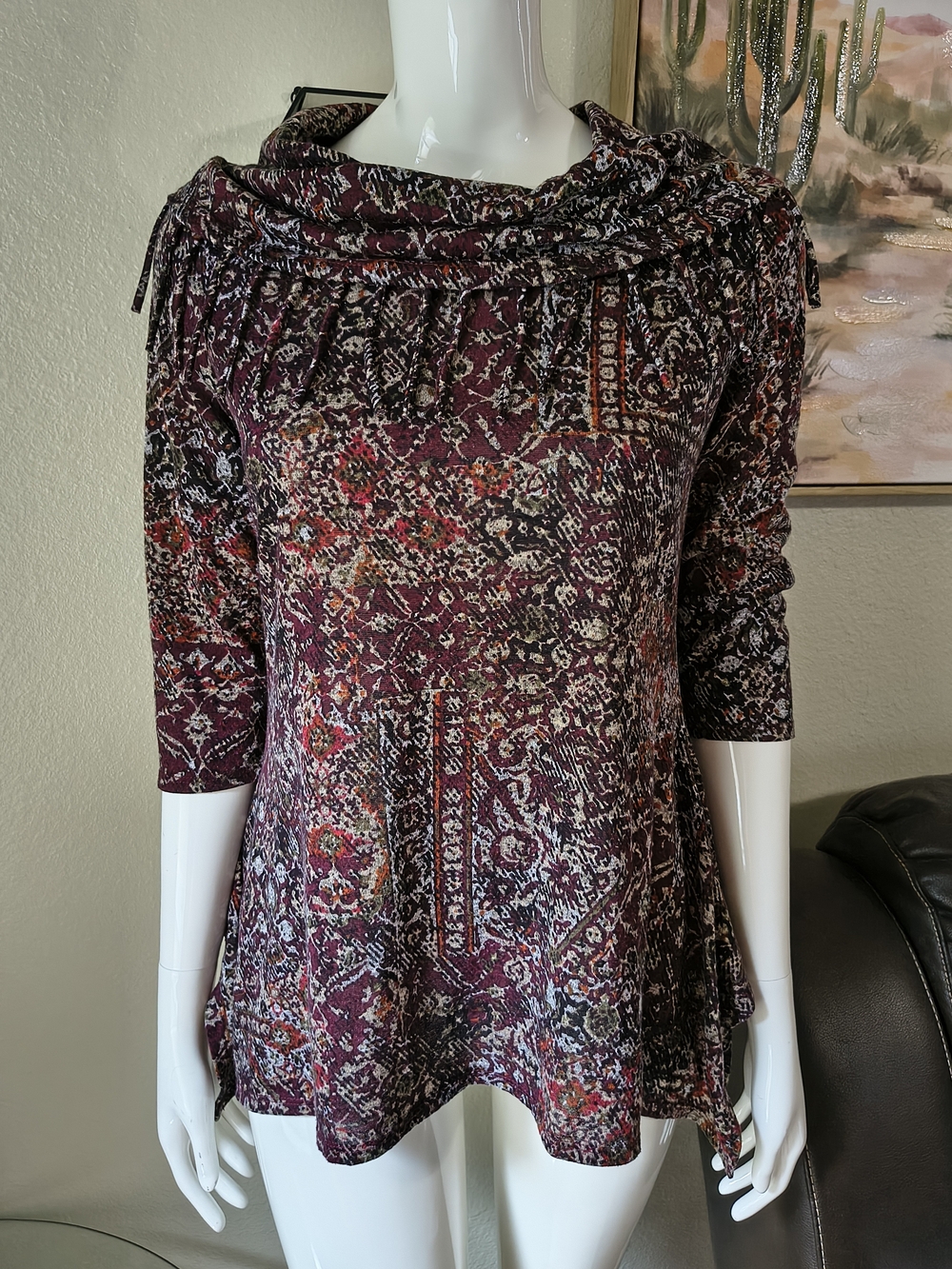 Hannah Burgundy Multi-Print Cowl Neck Tunic